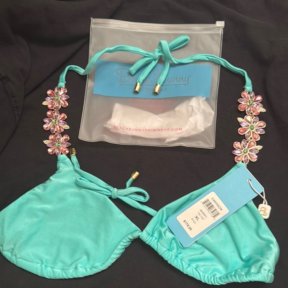 Beach Bunny Aqua Bikini Top with Pink Floral Embellishments